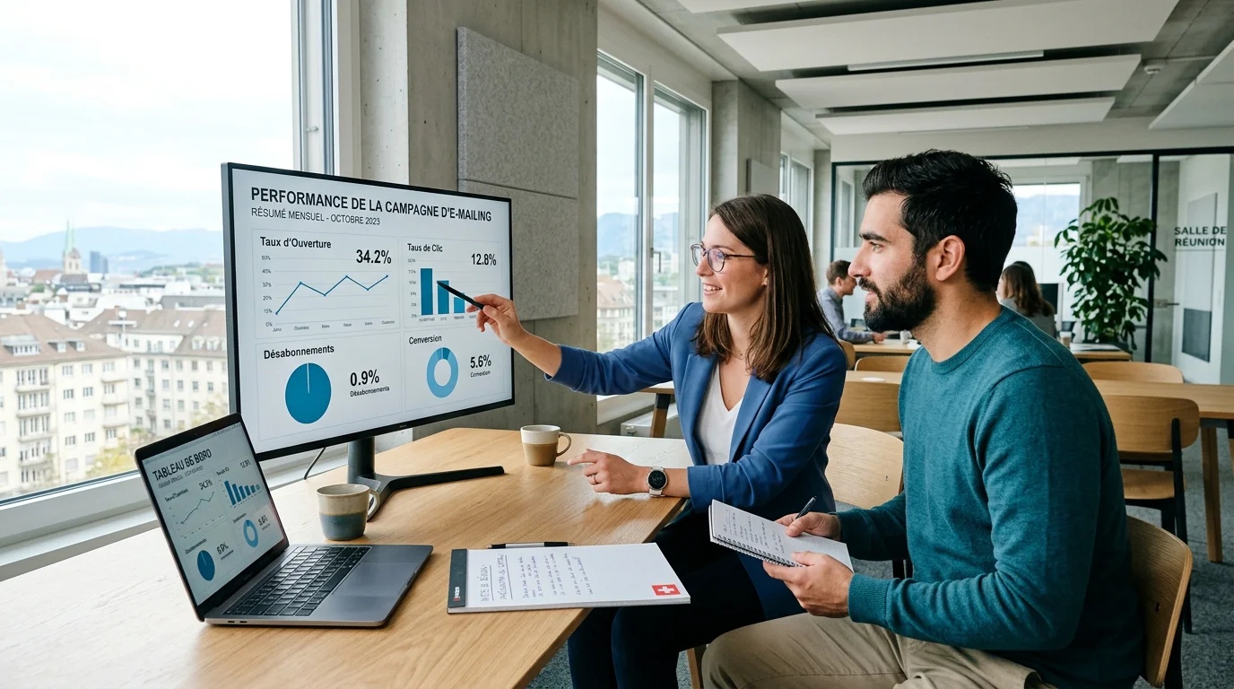 Équipe marketing d'une PME analysant les performances de ses campagnes email