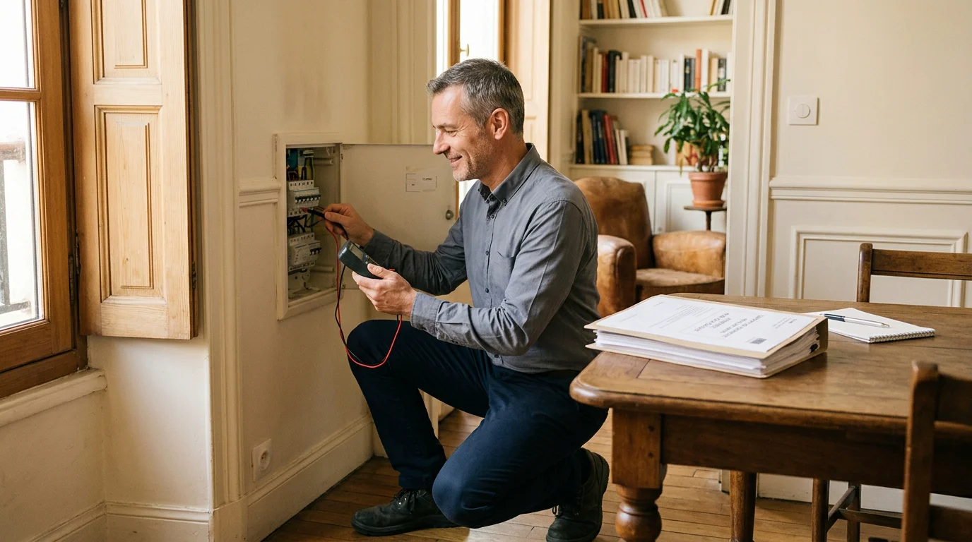 Diagnostiqueur immobilier contrôlant une installation lors de la préparation d'une vente