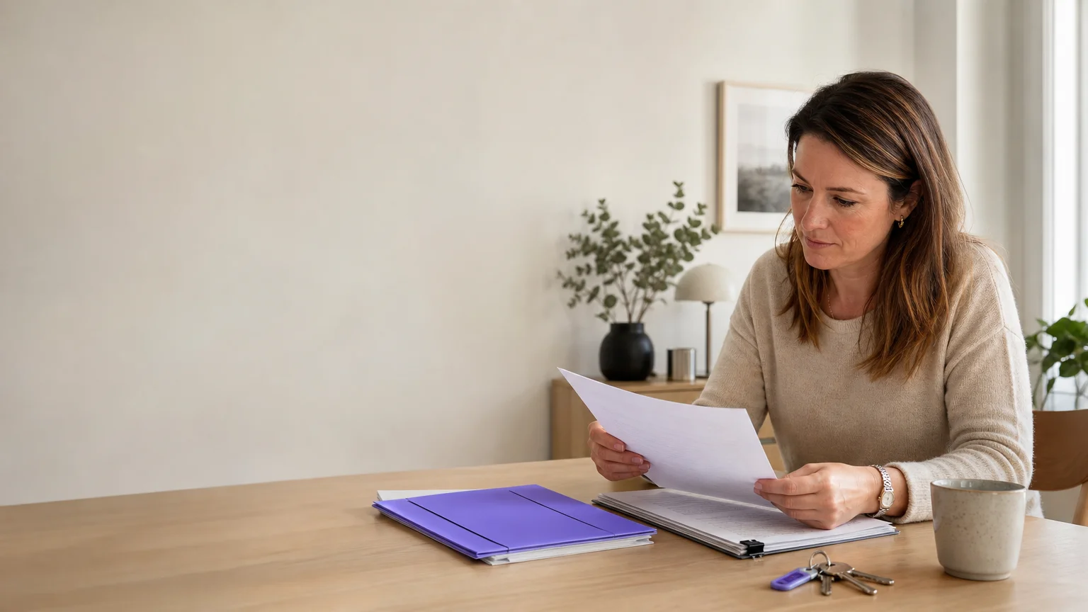 Une propriétaire organise des documents de location à une table, avec un dossier violet en accent visuel.