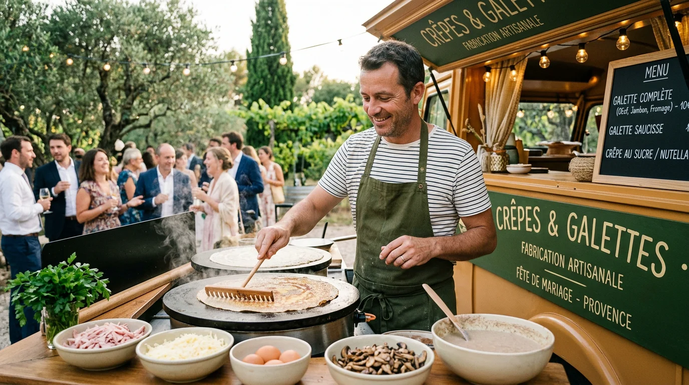 Galettes de sarrasin et crêpes préparées en direct dans un food truck de mariage en Provence