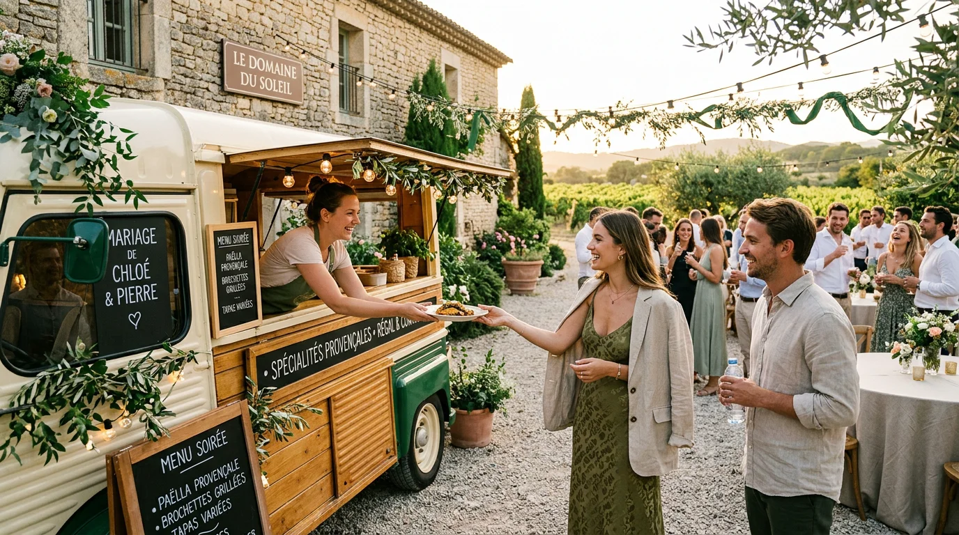 Invités servis devant un food truck lors d'un mariage en Provence