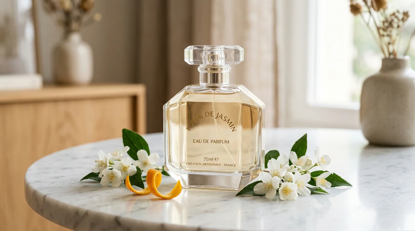 Flacon de parfum féminin posé sur du marbre avec fleurs de jasmin