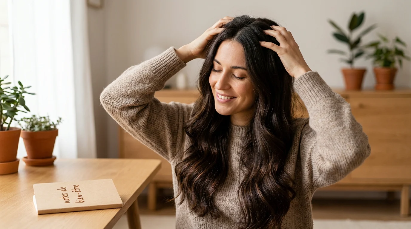 Femme massant délicatement son cuir chevelu pour stimuler la pousse des cheveux naturellement