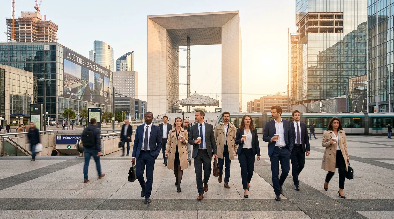 Quartier d'affaires de La Défense en Île-de-France avec des professionnels en déplacement