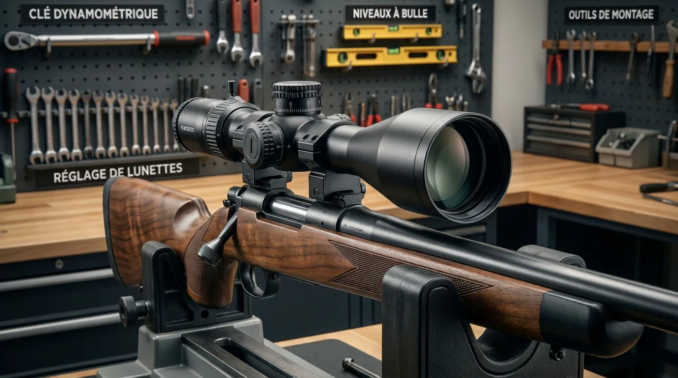 Lunette de visée montée sur une carabine de tir sportif dans un atelier de réglage