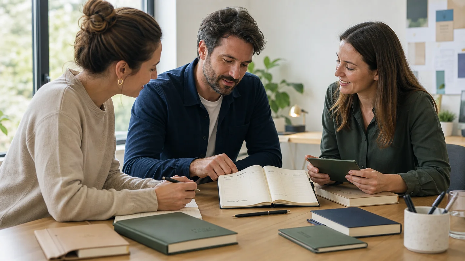 Professionnels choisissant des agendas personnalisés pour leur entreprise
