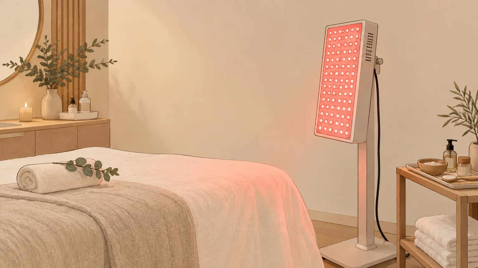 Panneau LED de soin du visage dans une cabine esthétique sobre