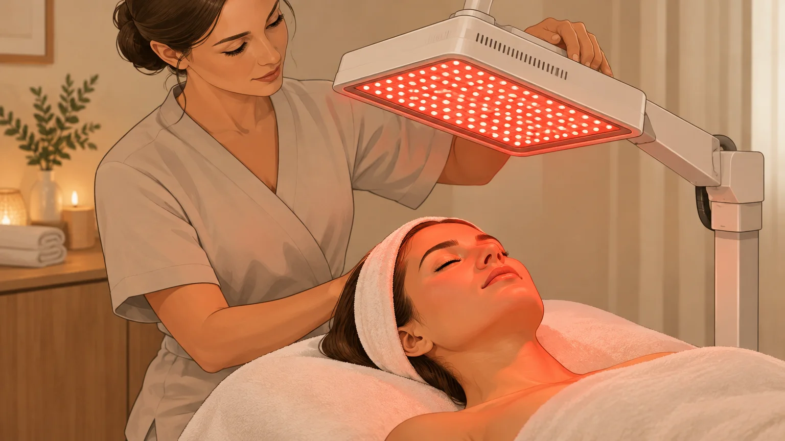 Une praticienne ajuste un panneau LED au-dessus du visage d’une cliente pendant un soin