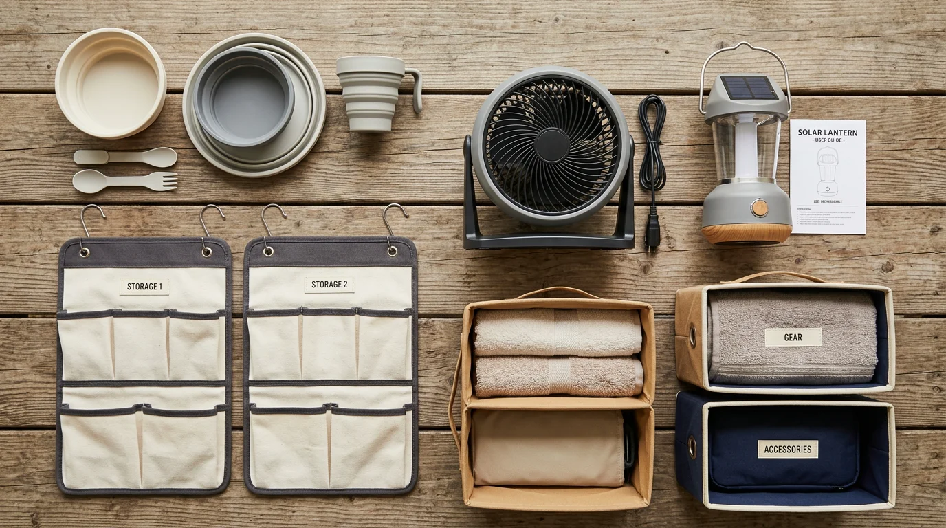Flat lay of organized pop-up camper interior storage and comfort accessories