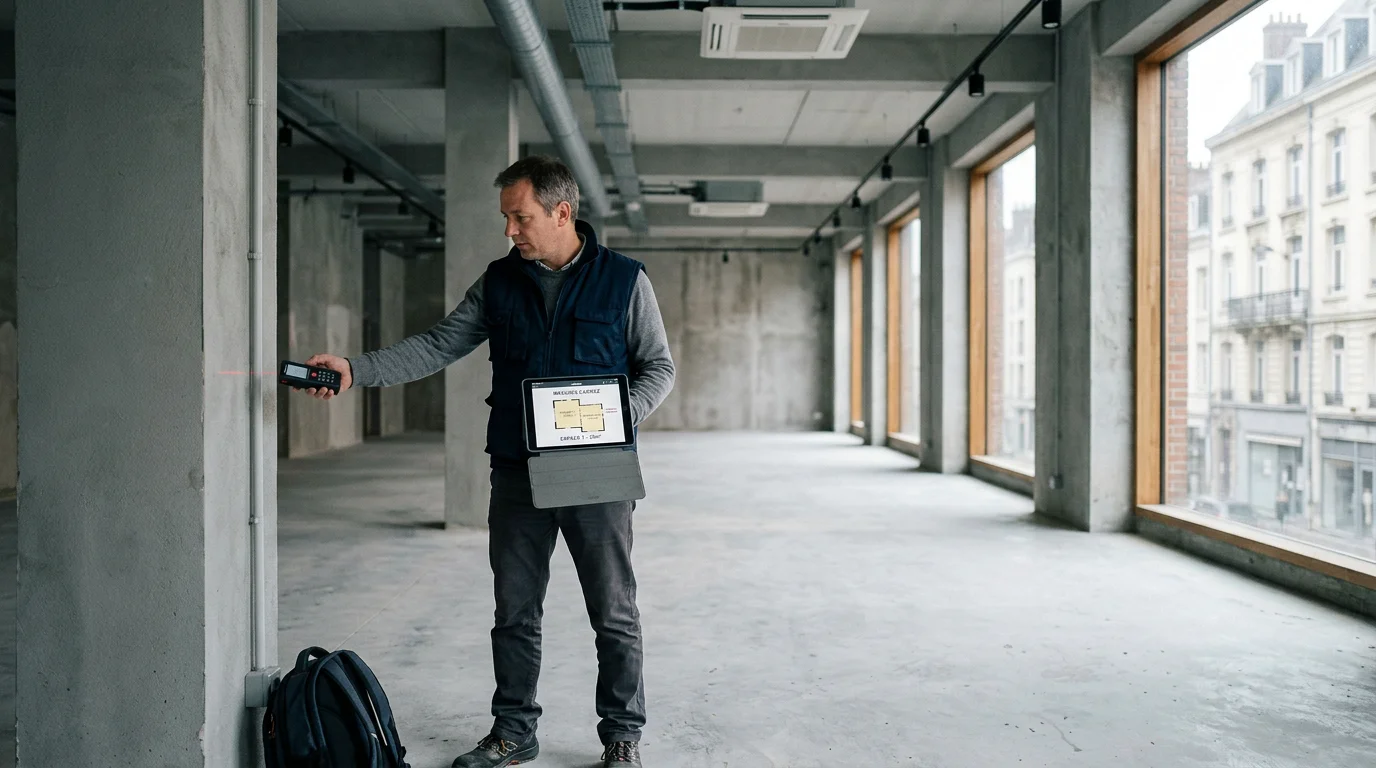 Diagnostiqueur inspectant un local commercial vide avant sa vente
