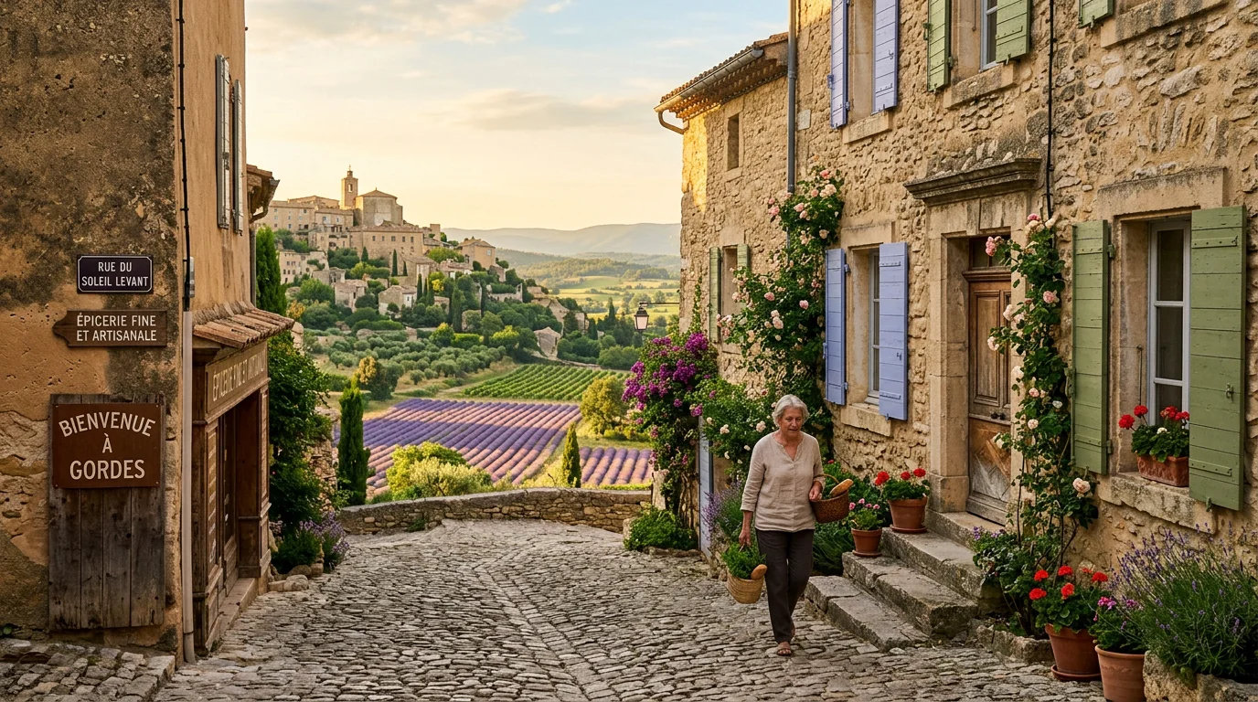 Village perché du Luberon entouré de champs de lavande au lever du soleil