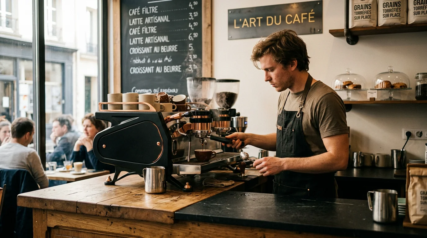 Barista européen préparant un espresso dans un coffee shop moderne