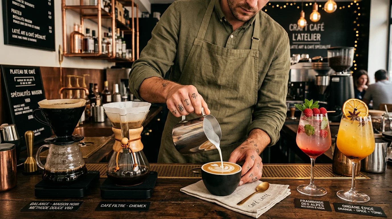 Latte art, méthodes slow coffee et mocktails signatures sur un comptoir