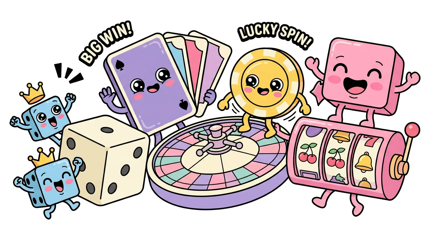 Cute chibi casino characters surrounded by colorful dice, cards, and roulette wheels in pastel style