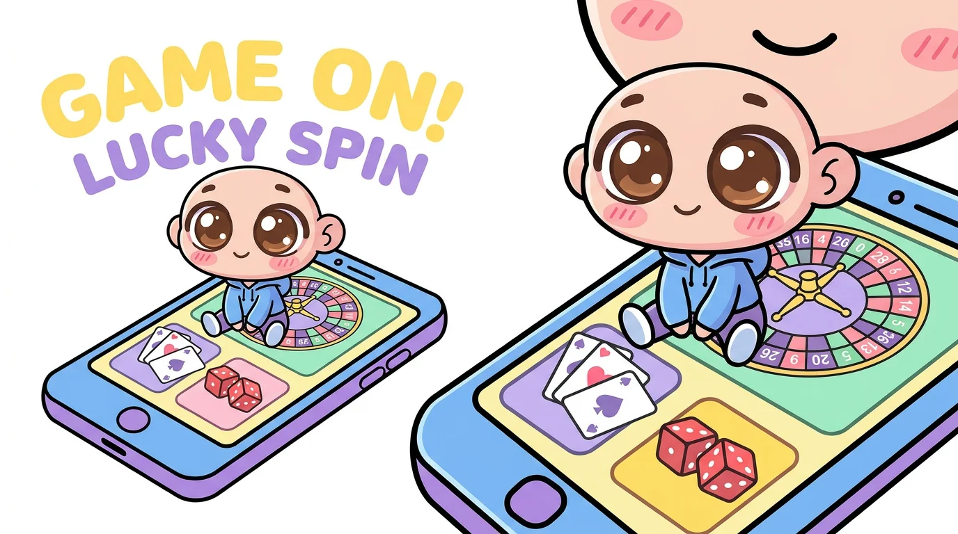 Cute chibi character playing casino games on a smartphone with colorful game icons
