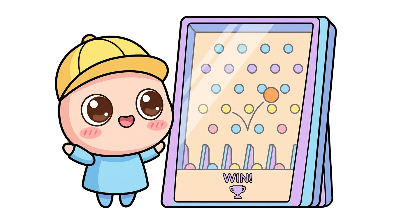 Chibi character next to a colorful Plinko-style game board with bouncing ball