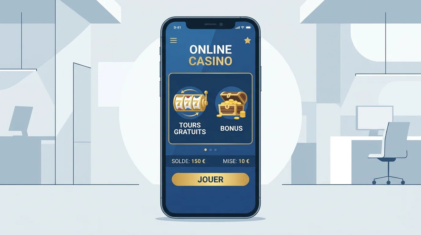 Interface de casino en ligne sur smartphone avec icônes de bonus sans dépôt