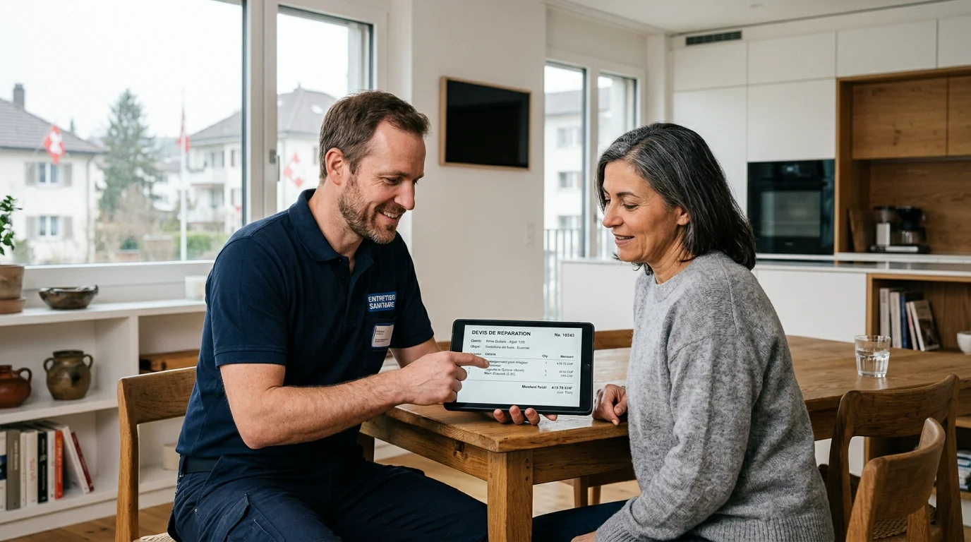 Plombier présentant un devis clair à un client avant intervention