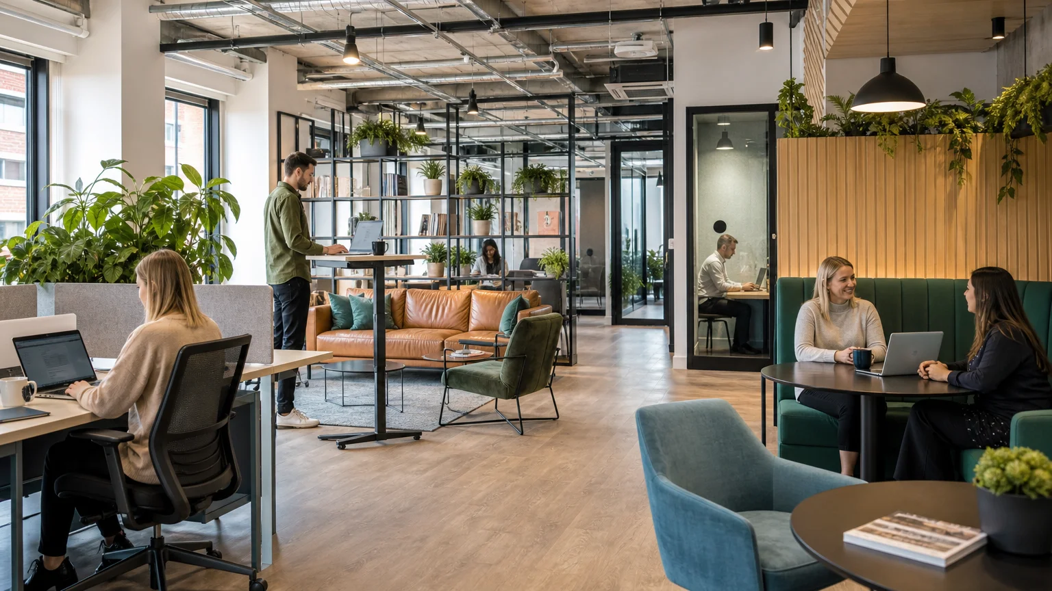 Modern coworking interior with ergonomic workstations and natural light