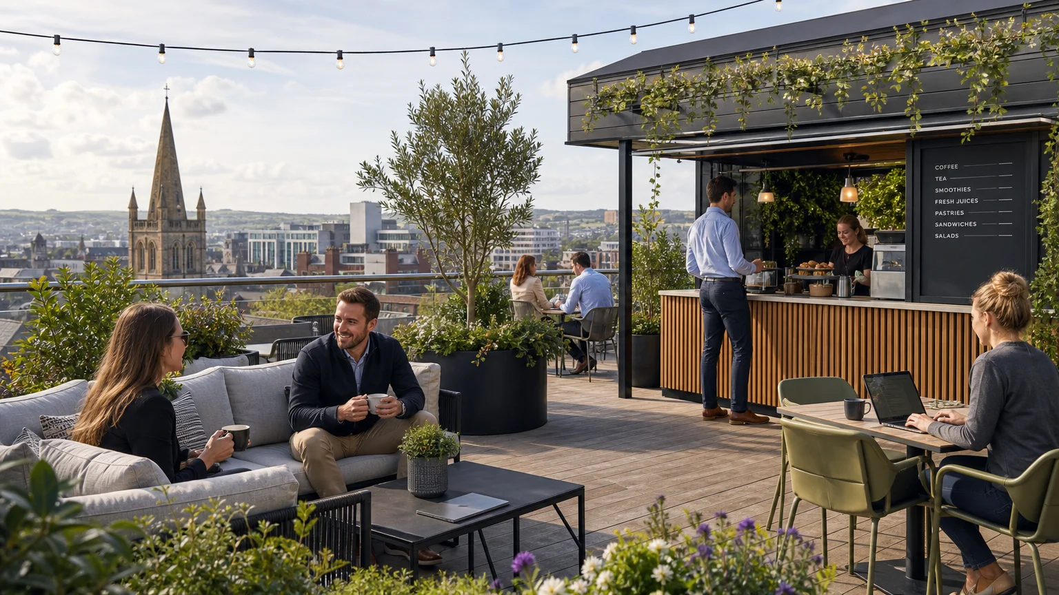 Rooftop terrace and cafe area at a coworking space during a break