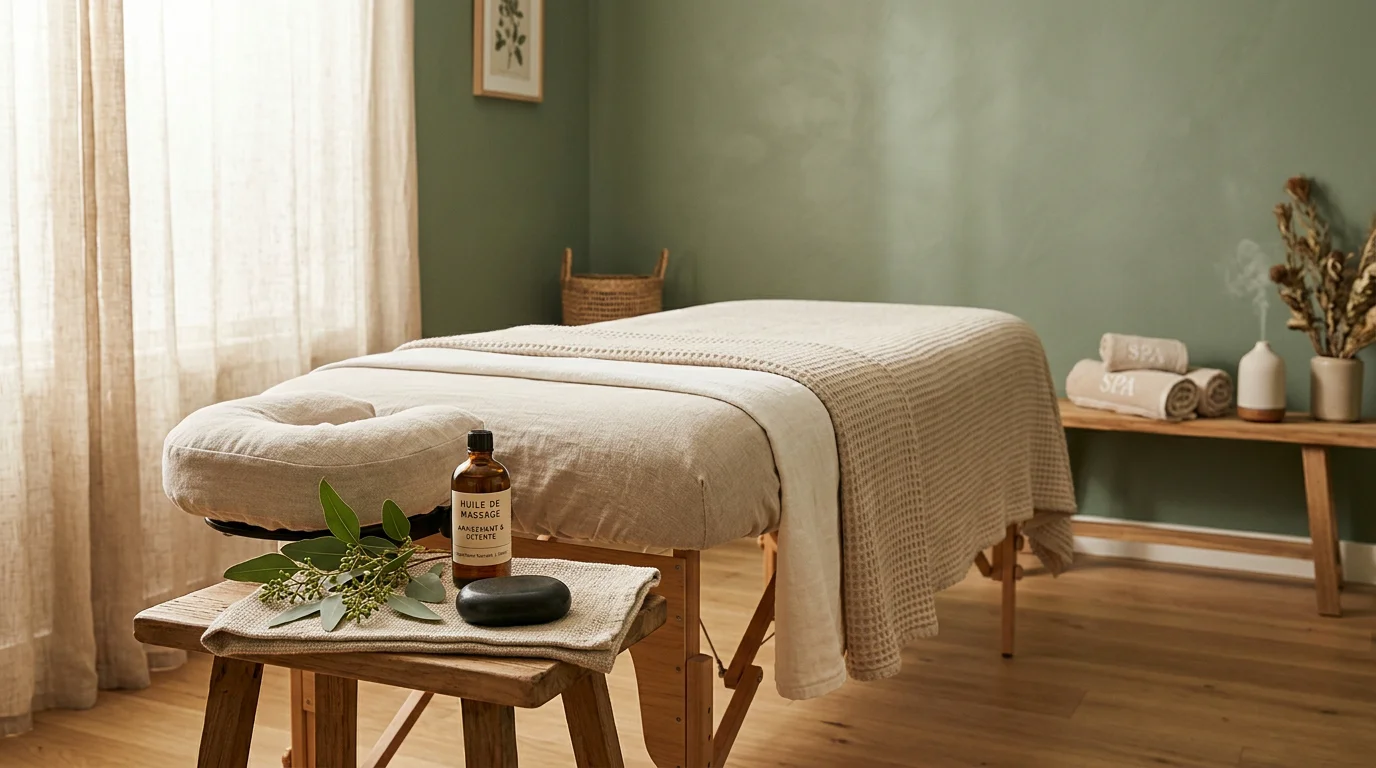 Table de massage préparée avec huiles aromatiques et feuillage dans une ambiance spa apaisante