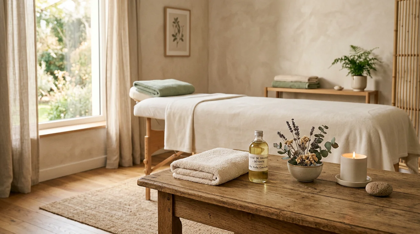 Table de massage avec huiles aromatiques dans une ambiance apaisante