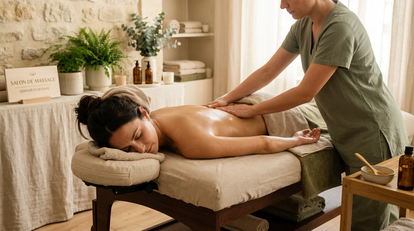 Personne recevant un massage du dos aux huiles dans un institut de bien-être