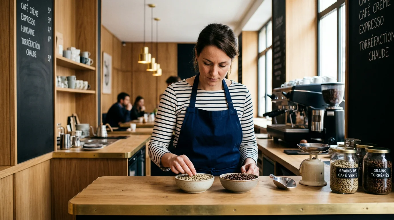Barista européen examinant des grains de café de spécialité sur un comptoir en bois