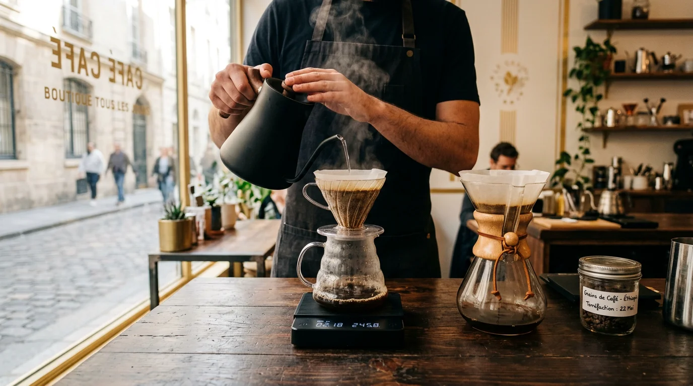 Préparation d'un café filtre en V60 avec balance et Chemex sur une table en bois