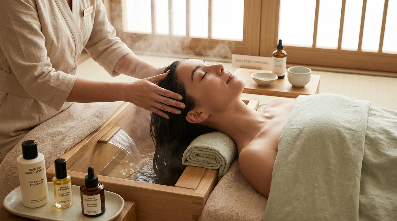 Soin head spa japonais relaxant réalisé sur une cliente en institut