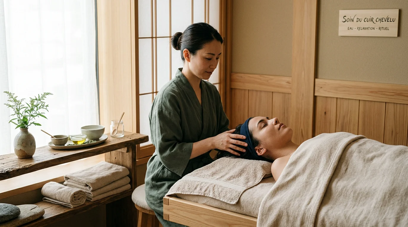 Praticienne réalisant un soin head spa japonais sur une cliente détendue