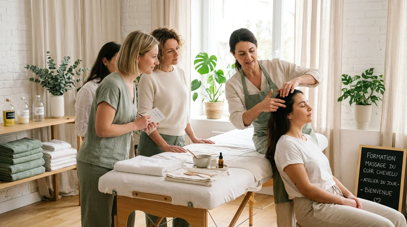Petit groupe de stagiaires apprenant les techniques de massage du cuir chevelu