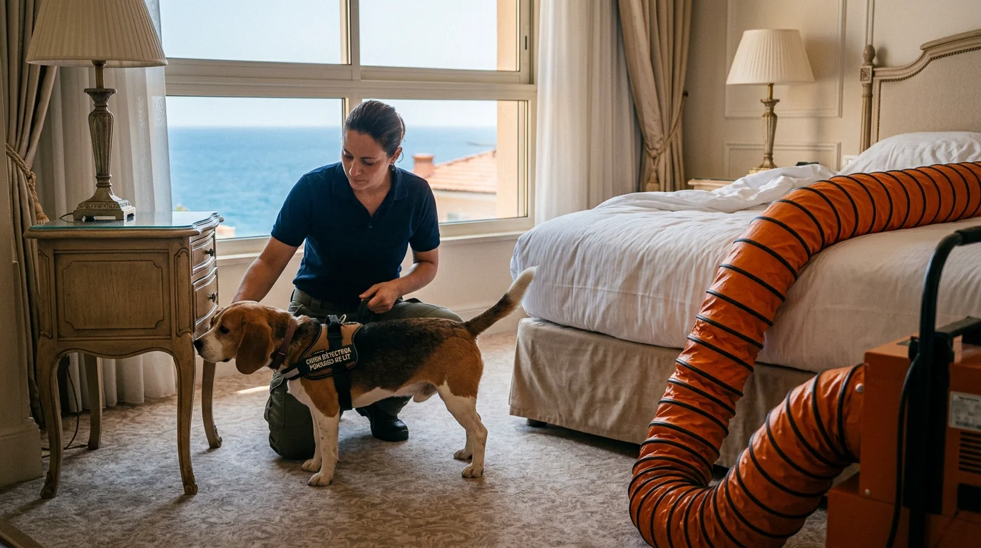 Chien détecteur de punaises de lit lors d'une intervention professionnelle