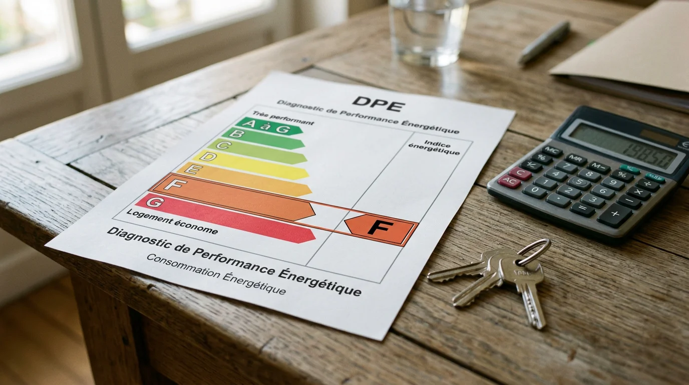 Étiquette DPE de A à G avec la classe F mise en évidence sur une table