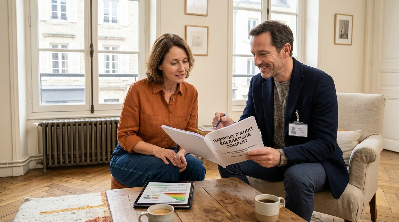 Un propriétaire et un diagnostiqueur examinent un audit énergétique dans un logement ancien