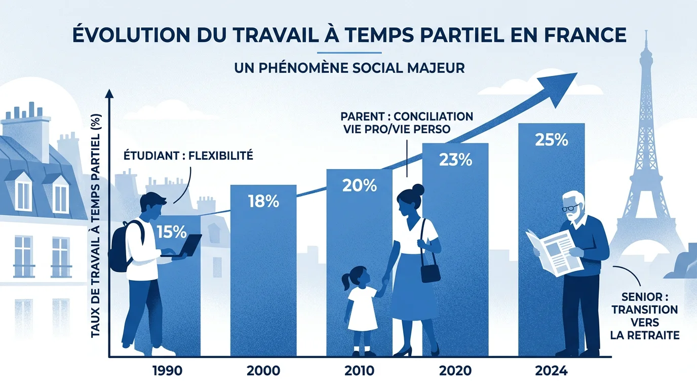 Graphique illustrant l'évolution du temps partiel en France avec des profils de travailleurs