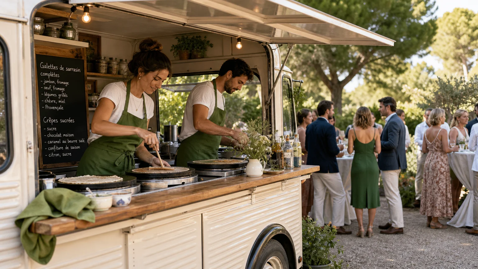 Préparation de galettes et de crêpes devant les invités lors d’un événement privé à Marseille