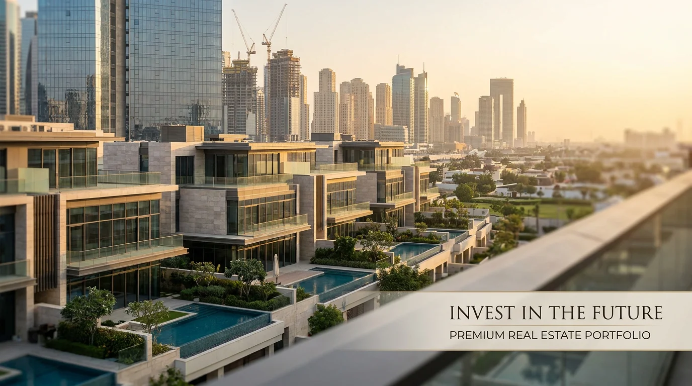 Luxury villas and modern skyline representing real estate investment opportunities