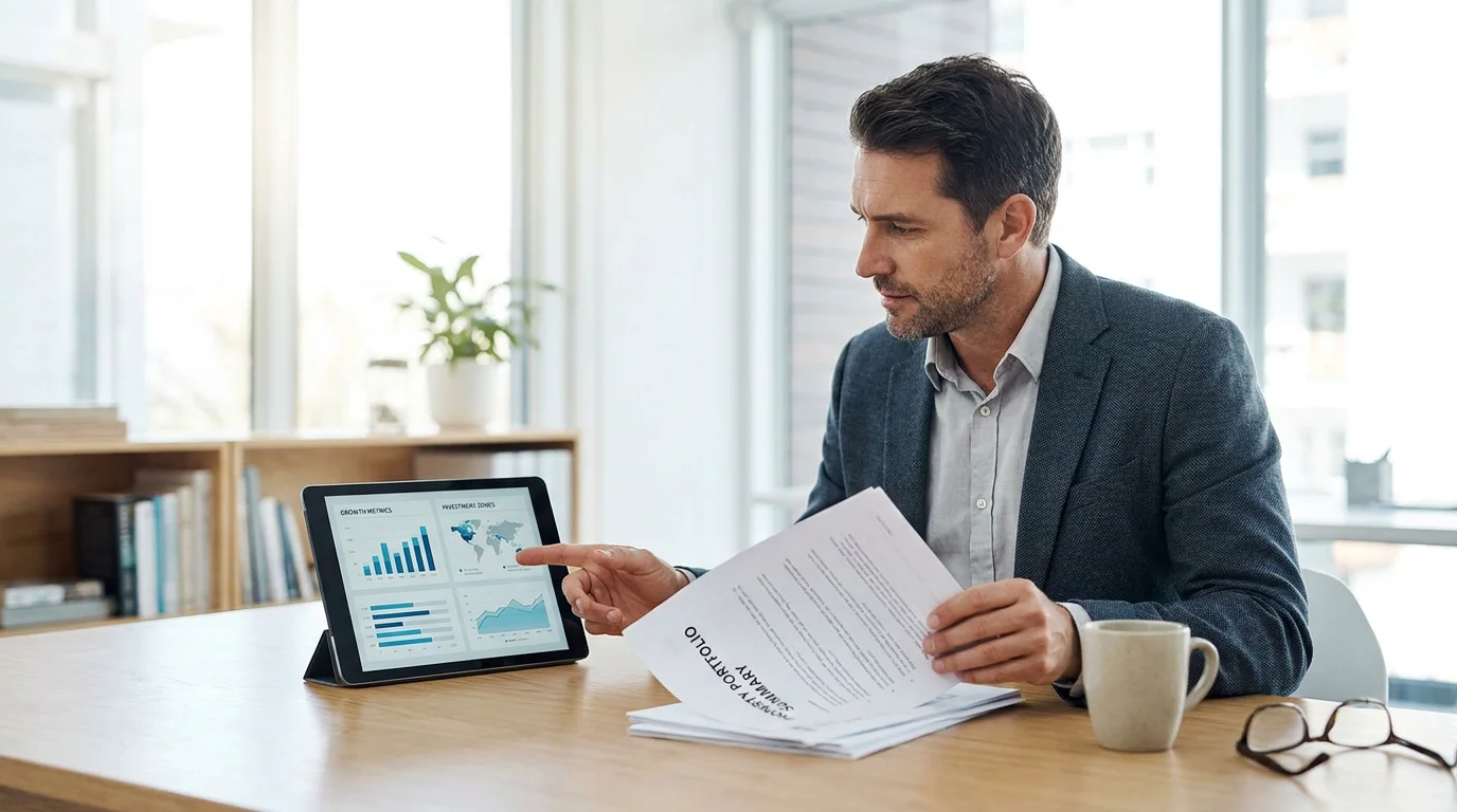 Investor reviewing real estate investment data on a digital dashboard