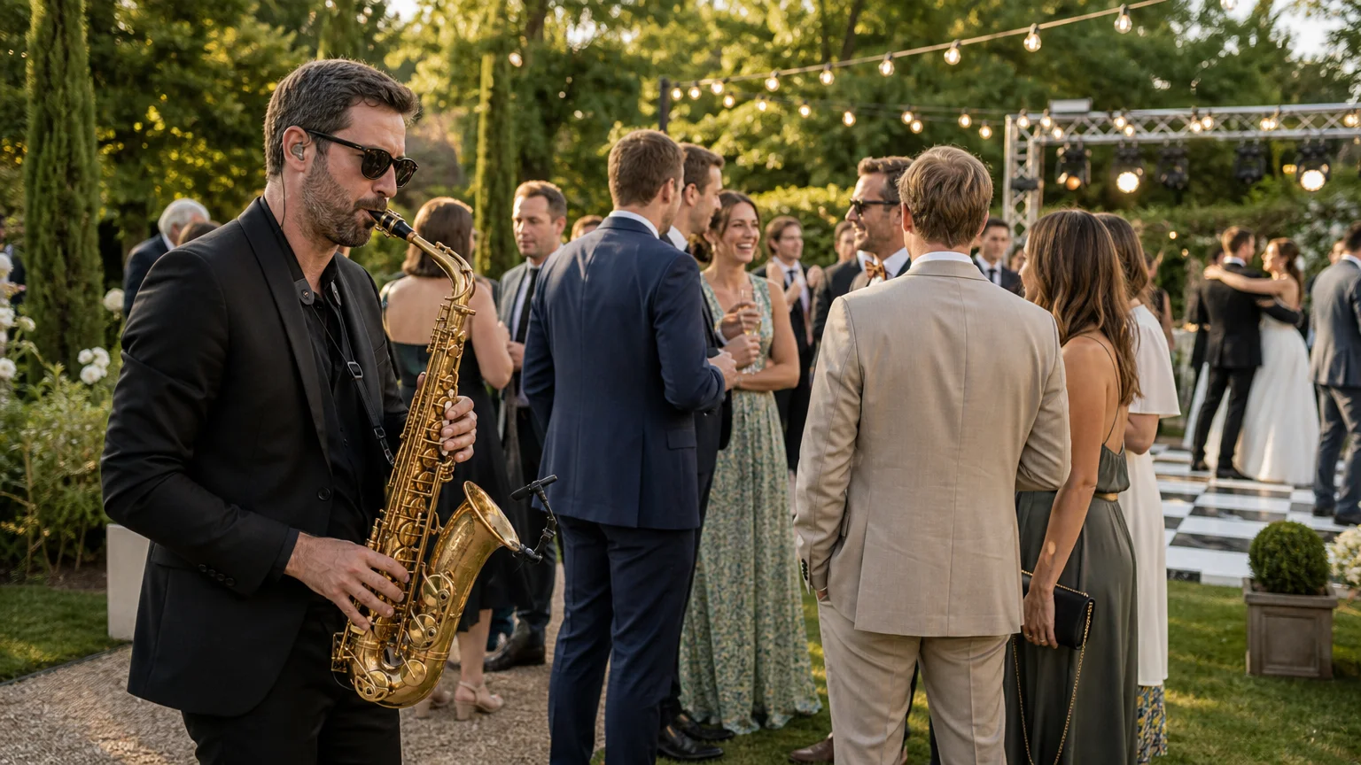 Saxophoniste en live pendant un cocktail de mariage