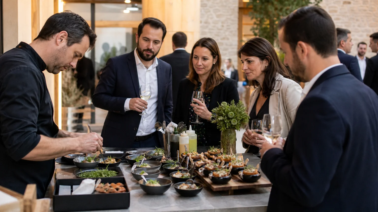 Chef préparant des bouchées devant des collaborateurs lors d’une soirée d’entreprise
