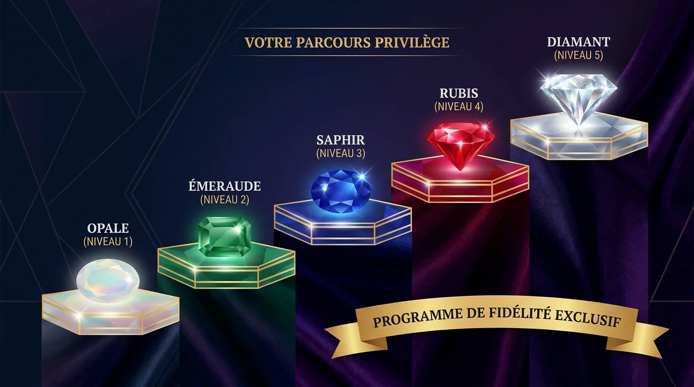 Illustration des niveaux VIP de casino en ligne représentés par des gemmes