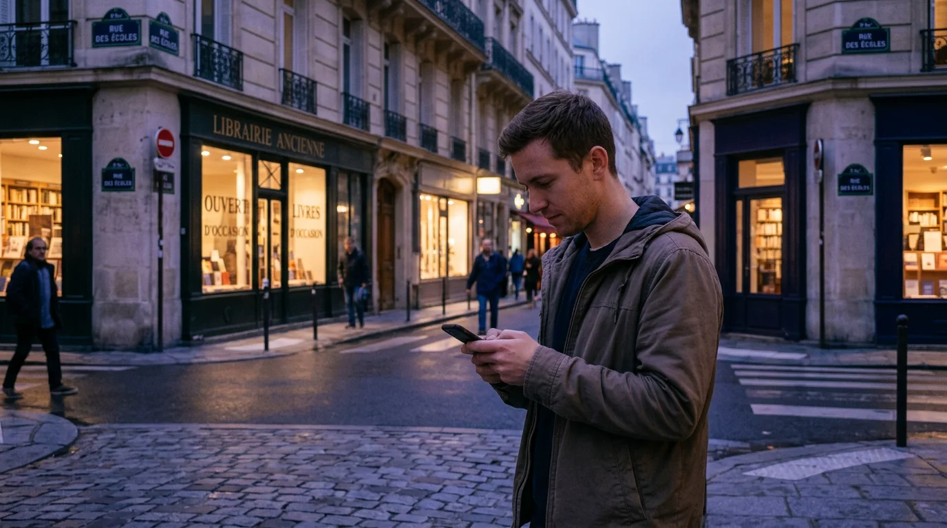 Voyageur cherchant un hôtel proche le soir sur son téléphone
