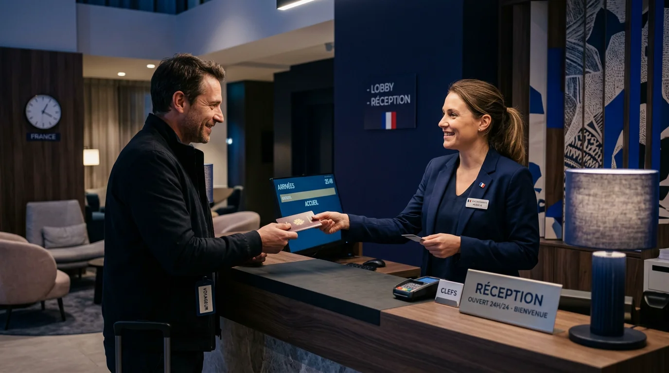 Arrivée tardive d'un voyageur à la réception d'un hôtel en France