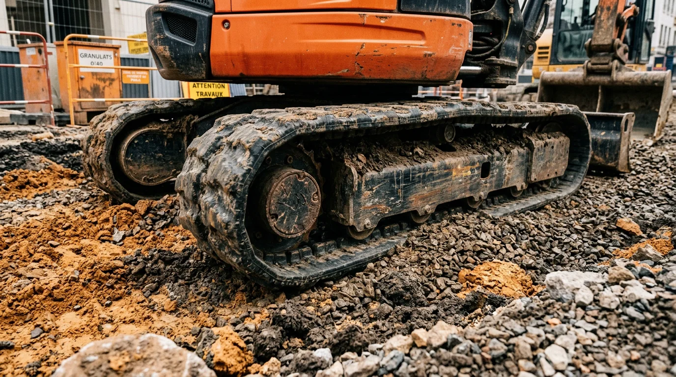 Chenilles caoutchouc d'une mini-pelle compacte sur un chantier urbain