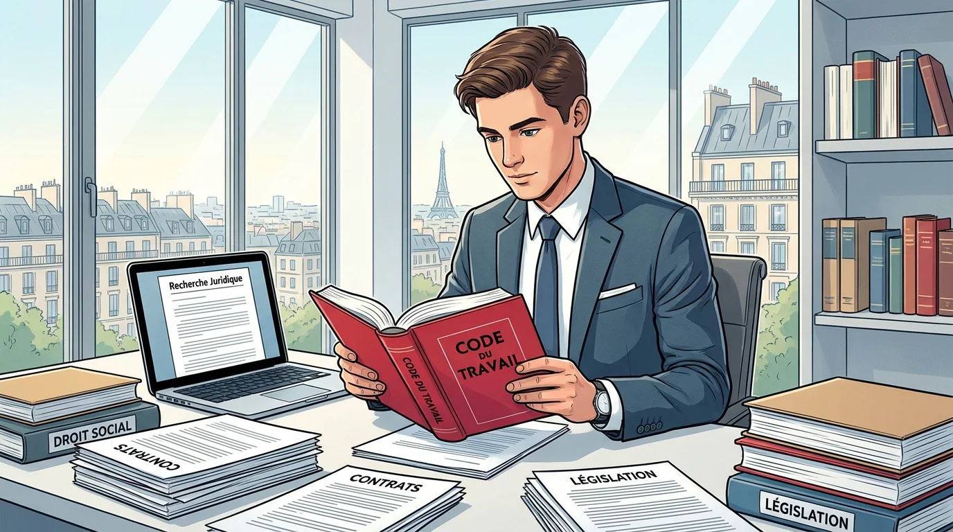 Étudiant en alternance droit social consultant le Code du travail dans un bureau
