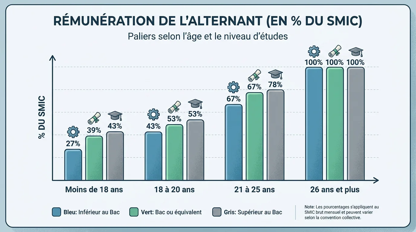 Infographie des paliers de rémunération en alternance en France