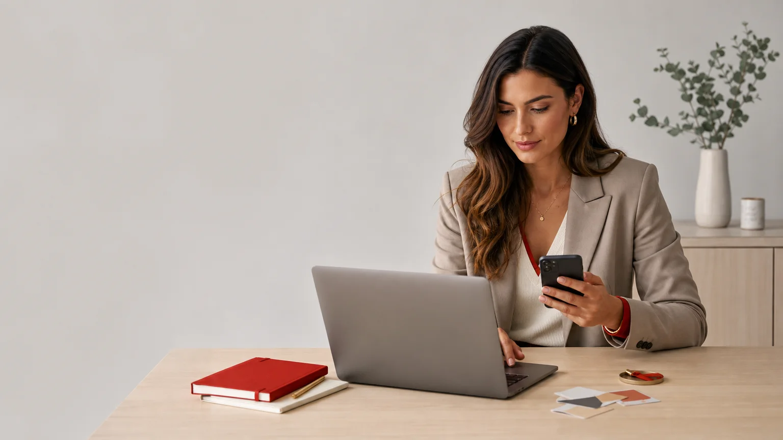 Créatrice adulte professionnelle comparant plusieurs plateformes de contenu exclusif dans un espace de travail moderne en France