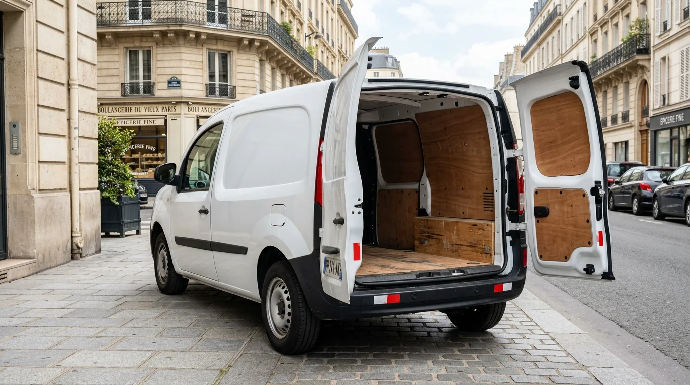 Utilitaire compact 4m3 aux portes arrière ouvertes montrant son espace de chargement