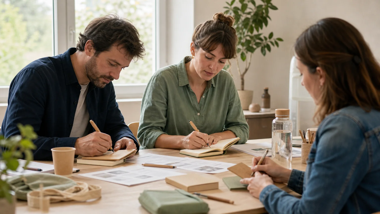 Réunion professionnelle avec des carnets de poche en matières recyclées